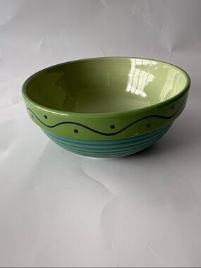 Light Green Ceramic Decorative Bowl with Teal Base - Home Art